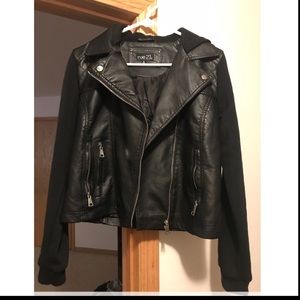 Leather jacket with fabric hood and sleeves